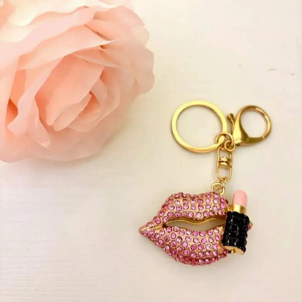 Pink Rhinestone Lips Lipstick Keychain Bag Charm Purse Charm
